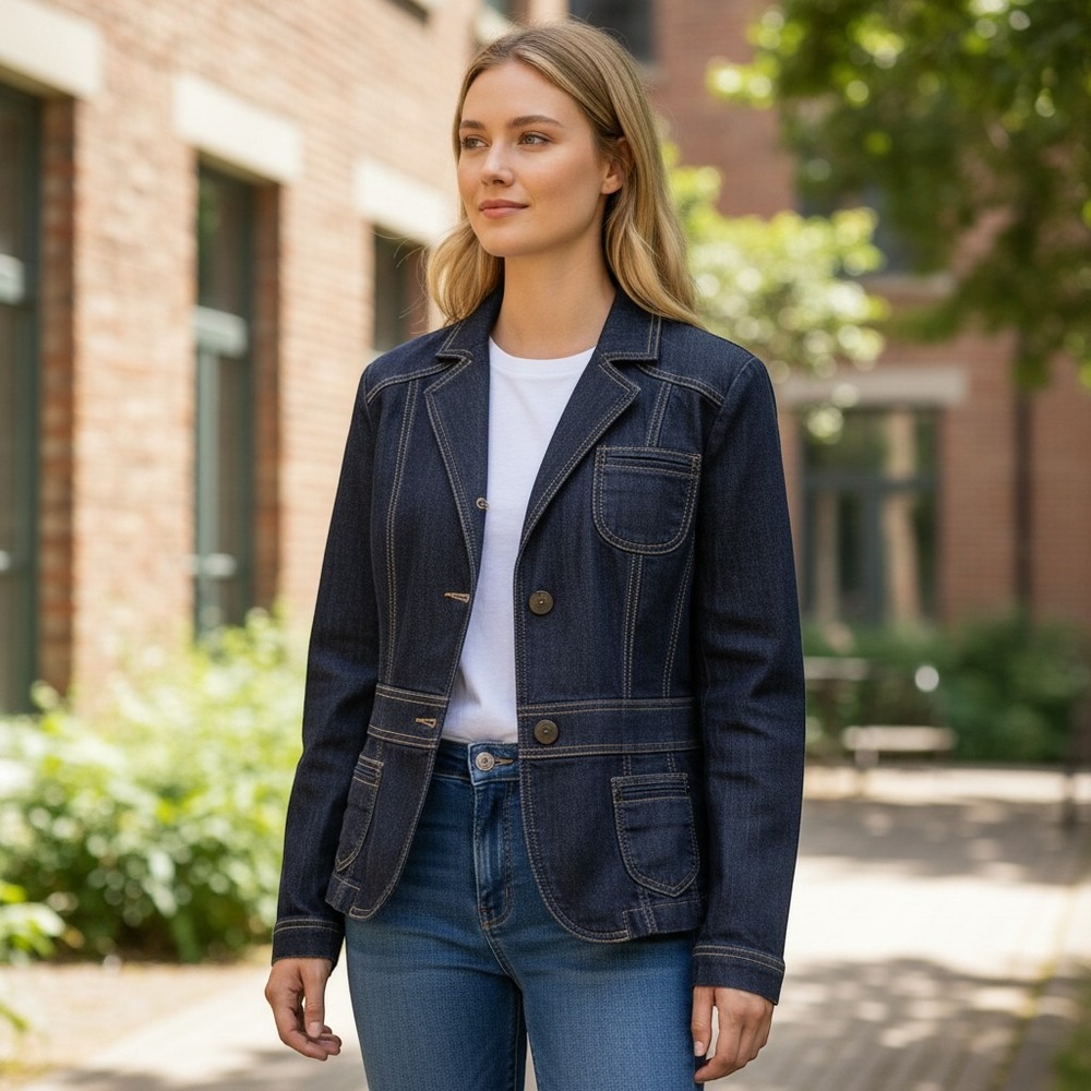 Riders by Lee Copper Denim Jacket Women XL Dark Wash Blue Stretch Blazer Coat